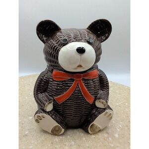 Vtg Otagiri OMC Hand-Painted Ceramic Basket Weave Bear Coin Bank Japan Nursery